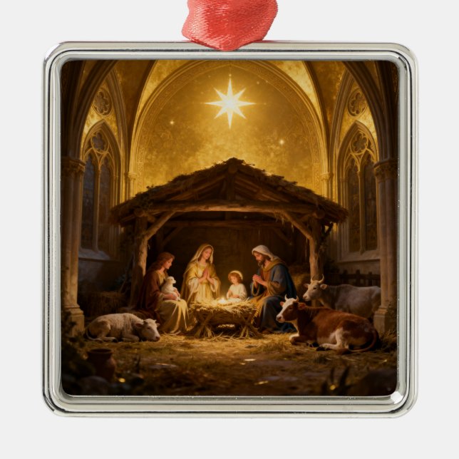 Ornement Carré Argenté Classic Nativity Scene Christmas Metal Ornament (Devant)