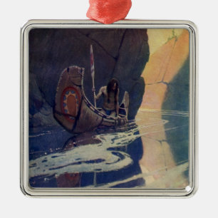 Ornement Carré Argenté Classique du soleil en pagayant en canot indien vi