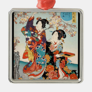 Ornement Carré Argenté Classique ukiyo-e vintage deux geishas art Utagawa