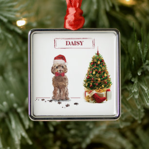 Ornement Carré Argenté Cockapoo Marron Noël Drôle Chien et Arbre