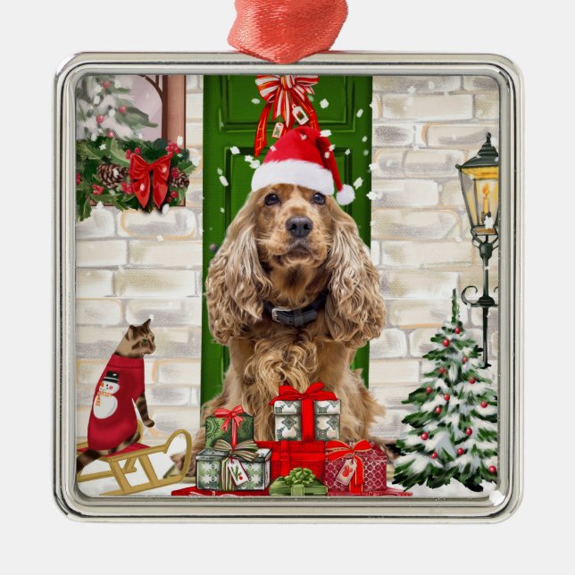 Ornement Carré Argenté Cocker Spaniel Chien Noël (Devant)
