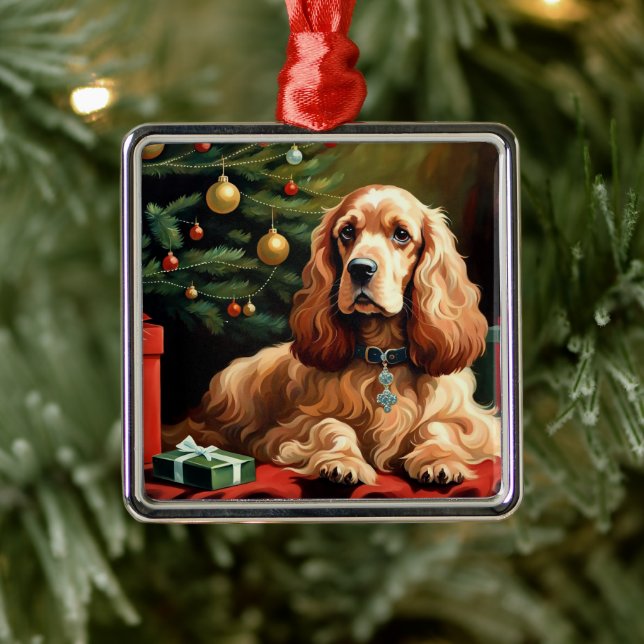 Ornement Carré Argenté Cocker Spaniel Christmas (Arbre)