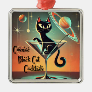 Ornement Carré Argenté Cocktails Futuristes Atomiques Chat Noir Cosmique