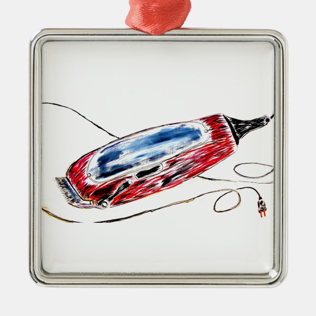 Ornement Carré Argenté Coiffeur rouge Clippers (Devant)