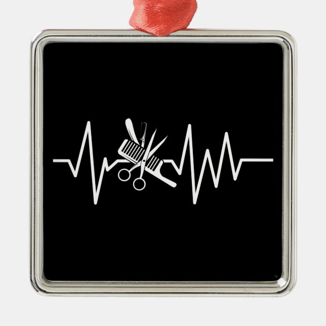 Ornement Carré Argenté Coiffeuse - Ciseaux de barbier Comb Heartbeat Meta (Devant)