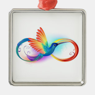 Ornement Carré Argenté Colibri arc-en-ciel avec symbole d'infini