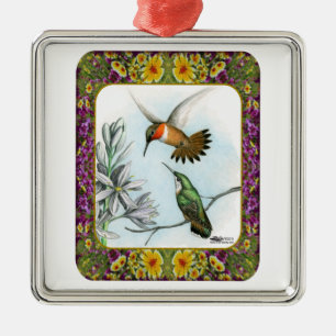 Ornement Carré Argenté Colibris et Fleurs #2