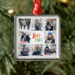 Ornement Carré Argenté Collage 8-Photo "Joyeux" Typographie Multicolore<br><div class="desc">Collage 8-Photo "Joyeux" Typographie Bleue d'hiver Design de Noël.</div>