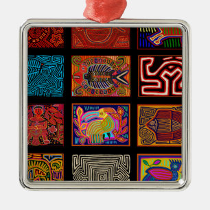 Ornement Carré Argenté Collage de Kuna Indian Mola