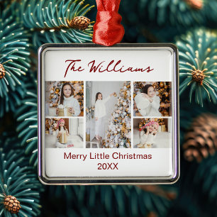 Ornement Carré Argenté Collage de photos de famille de Noël chic 2025 Tex