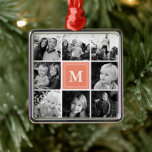 Ornement Carré Argenté Collage photo carré monogrammé personnalisé<br><div class="desc">Ornement en métal personnalisé avec collage photo carré monogrammé. Personnalisez ce design avec jusqu'à 8 photos et votre monogramme unique ou texte personnalisé.</div>