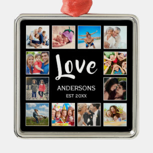 Ornement Carré Argenté Collage photo de famille personnalisée Noir person