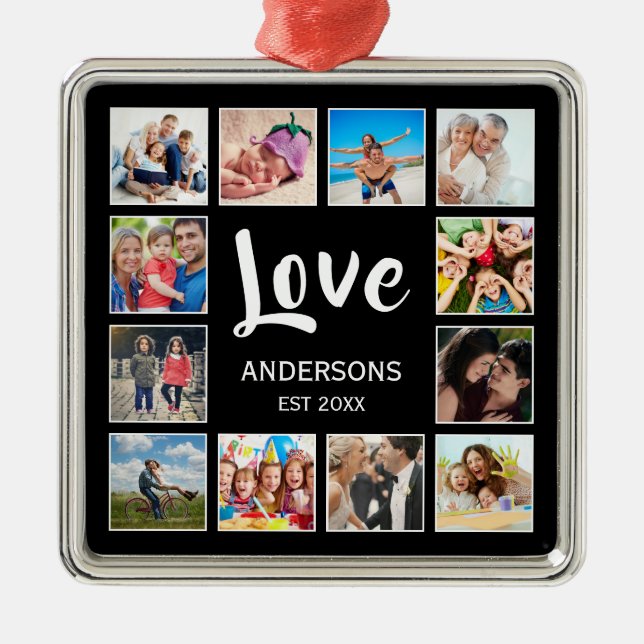 Ornement Carré Argenté Collage photo de famille personnalisée Noir person (Devant)