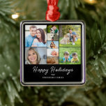 Ornement Carré Argenté Collage photo Noël 9<br><div class="desc">Décor moderne et tendance de Noël avec 9 photos collage. Remplacez les photos par les vôtres et modifiez le texte.</div>