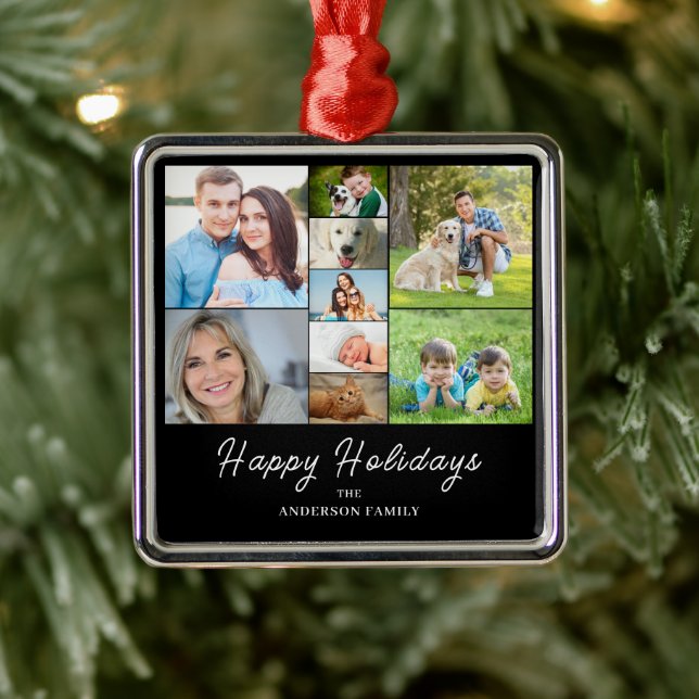 Ornement Carré Argenté Collage photo Noël 9 (Arbre)