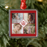Ornement Carré Argenté Collage Photo Personnalisé Cadeau pour une Reine M<br><div class="desc">Offrez à Maman un cadeau qui brille sous tous les angles ! Cet ornement haut de gamme présente un design vibrant à plusieurs photos, spécialement conçu pour la "Reine" de la famille. Il affiche une disposition moderne en grille de quatre photos, avec au centre un graphique de signature "Reine MAMAN"...</div>