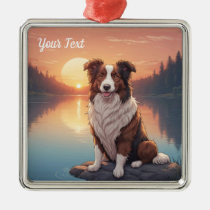Ornement Carré Argenté Collie rouge et blanc au bord d'un lac