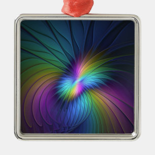 Ornement Carré Argenté Coloré Avec Bleu Moderne Art Fractal Abstrait