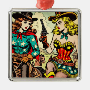 Ornement Carré Argenté Comics Western Cowgirl vintage