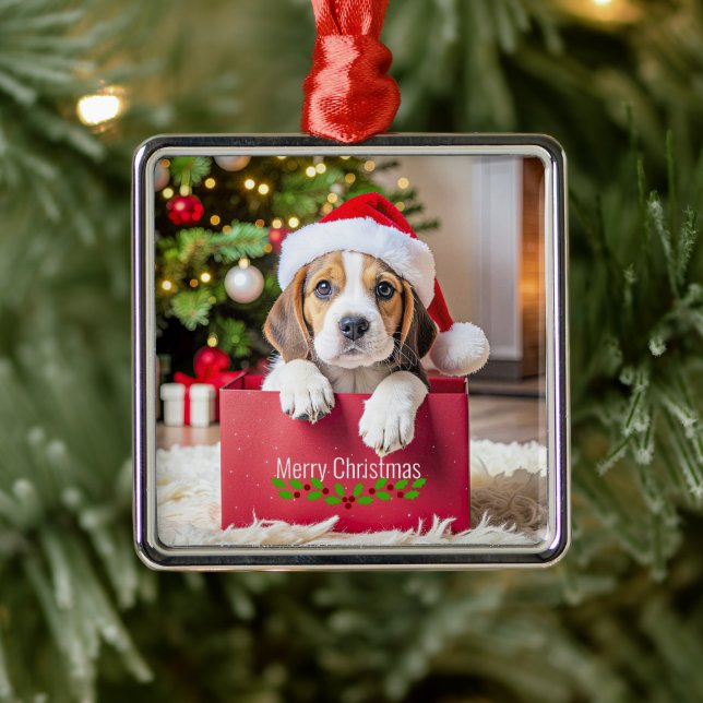 Ornement Carré Argenté Conception de Noël de chiot Beagle, (Arbre)