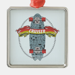 Ornement Carré Argenté Conception de tatouage de bâton de skateboard de C