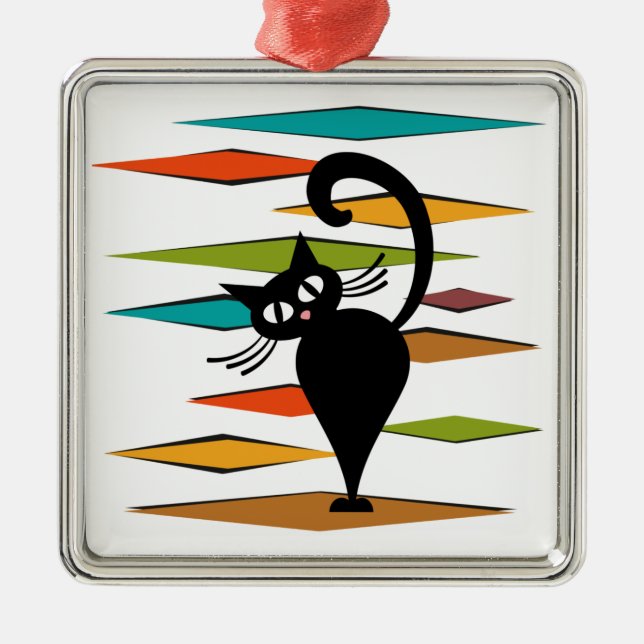 Ornement Carré Argenté Conception du chat noir du milieu du siècle (Devant)