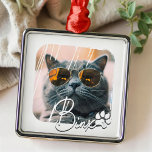 Ornement Carré Argenté Cool moderne de chat Grunge Nom et photo<br><div class="desc">Ce design simple et moderne est composé d'une typographie de script simple et moderne. Ajoutez une photo personnalisée de votre chat ou chaton</div>