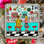 Ornement Carré Argenté Couple Holding Hands dans les années 1950 au dîner<br><div class="desc">Ornement de Noël. Art numérique tiré à la main,  jeune couple nostalgique assis dans un diner tenant la main en buvant un milk-shake,  jeune et amoureux.</div>