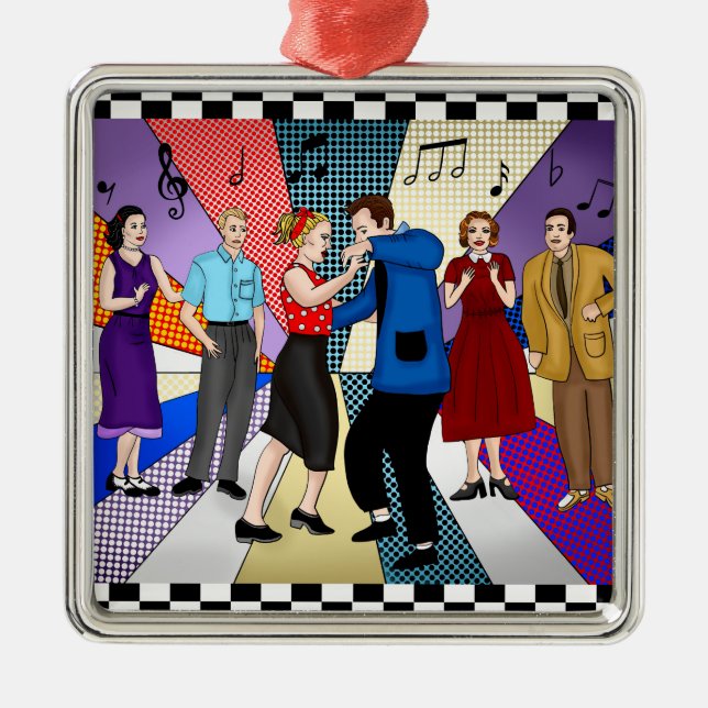 Ornement Carré Argenté Couple nostalgique rétro des années 1950 dansant N (Devant)