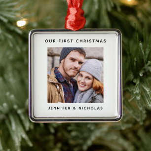 Ornement Carré Argenté Couple Notre Première Photo De Noël