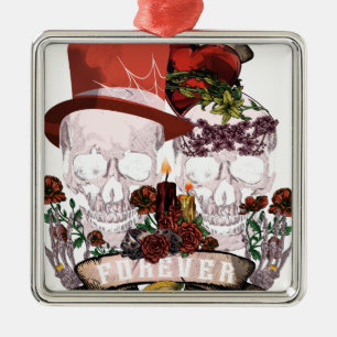 Ornement Carré Argenté Couples de squelette de mariage d'amour de crâne