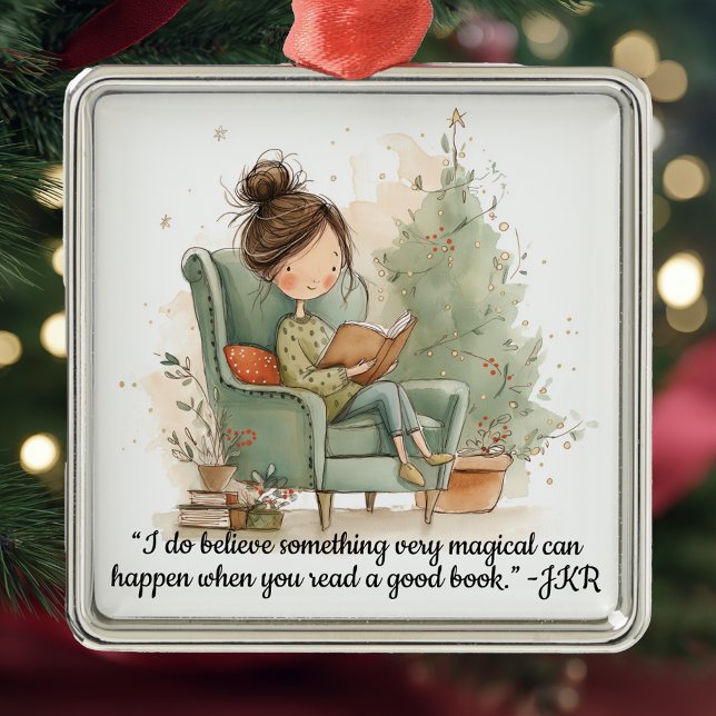 Ornement Carré Argenté Cozy Reading Book Club Christmas (Christmas ornament for book lovers.)