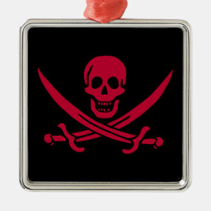 Ornement Carré Argenté Crâne et épées de Crimson Drapeau pirate de Calico