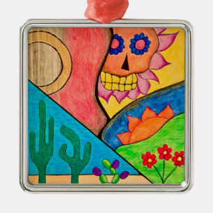 Ornement Carré Argenté Crâne sucre Noël