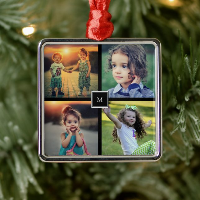 Ornement Carré Argenté Create your own family photo collage monogrammed (Arbre)