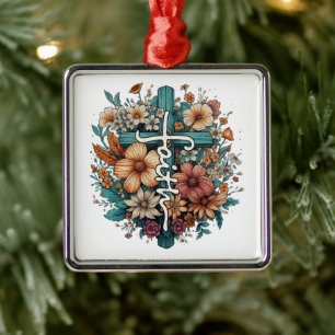 Ornement Carré Argenté Croix de foi fleurs Noël chrétien religieux