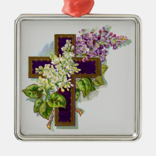Ornement Carré Argenté Croix Violette Et Fleurs