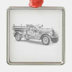 Ornement Carré Argenté croquis au crayon de camion de pompiers vintage de