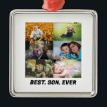 Ornement Carré Argenté Custom Best Son Ever 6 photo collage<br><div class="desc">Custom Best Son Ever 6 photo collage. Drôle idée cadeau pour les Fils. Faites-le unique avec vos propres photos et texte. il peut être utilisé pour différentes occasions comme les anniversaires.</div>