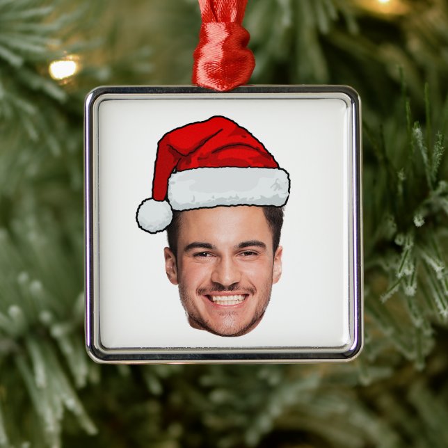 Ornement Carré Argenté Custom Face Photo Santa Hat Christmas (Arbre)
