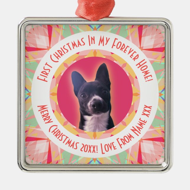 Ornement Carré Argenté Custom First Christmas Star Modern Winter Red Pink (Devant)