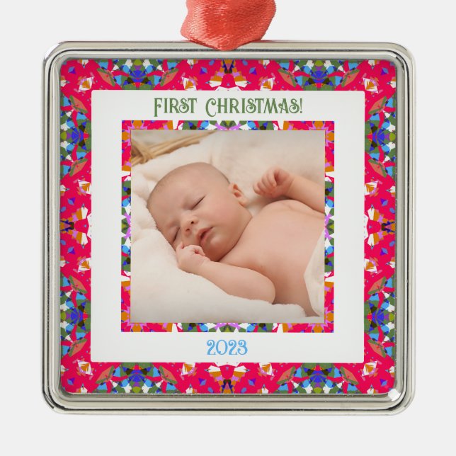Ornement Carré Argenté Custom Jolly Happy First Christmas Photo Frame (Devant)
