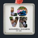 Ornement Carré Argenté Custom modern love 4 photo collage pour couples<br><div class="desc">Custom moderne love 4 photo collage pour les couples. Personnalisez ce modèle de design unique avec vos photos, noms et dates. Love photo, moderne, simple, petit ami, photo collage, créer votre propre, image, photographie, couple, gardien, femme, jour des valentines, petite amie, mari, pour alors, pour les couples, pour elle, anniversaire...</div>