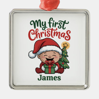 Ornement Carré Argenté Custom Name Baby’s First Christmas