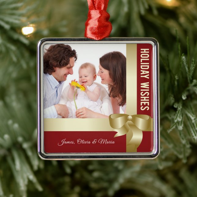 Ornement Carré Argenté Custom Name & Photo Holiday Red, Gold Bow (Arbre)