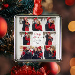 Ornement Carré Argenté Custom Valentine's Day Romantic Love Photo Collage<br><div class="desc">Ce beau cadeau ornemental Heureuse Sainte-Valentin a audacieux script rouge au centre et vos noms entourés de 8 photos romantiques de couple autour de la frontière. Sélectionnez les photos les plus douces de votre relation pour faire un collage de photos pour votre petit ami, petite amie, femme, mari ou partenaire....</div>