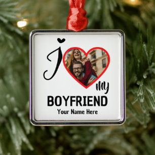 Ornement Carré Argenté Custom Valentines Heart Photo I Love My Boyfriend