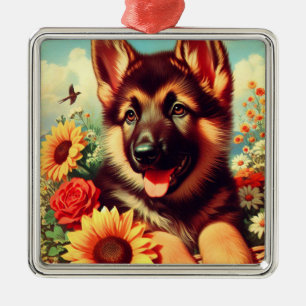Ornement Carré Argenté Cute berger allemand Peinture de chiot