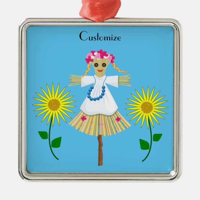 Ornement Carré Argenté Cute Blonde Pigtails Scarecrow (Devant)