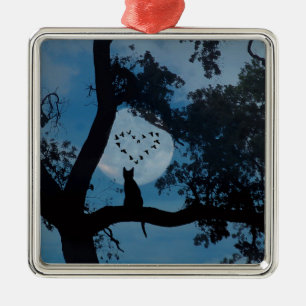 Ornement Carré Argenté Cute Chat et Lune avec Oiseaux Coeur Céramique Orn